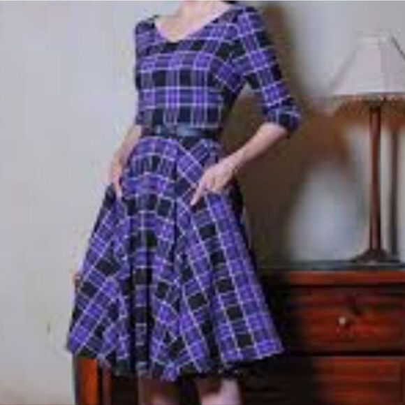 Pinup Couture Celia Dress in Purple Plaid - Picture 2 of 11
